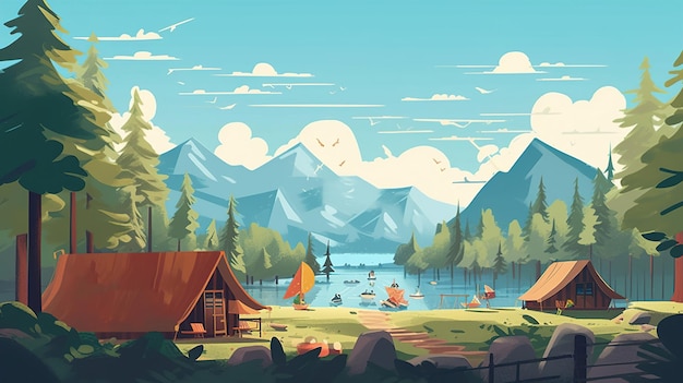 Kolorowa ilustracja przedstawiająca kemping w górach lub w lesie