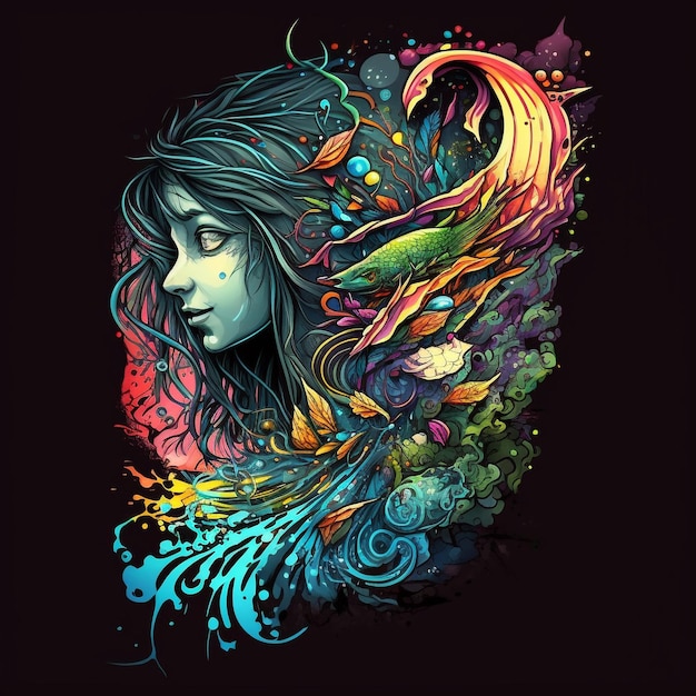 Kolorowa ilustracja przedstawiająca kobietę z długimi włosami i rybią głową.