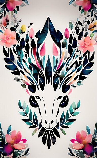 Kolorowa ilustracja przedstawiająca kozę z kwiatami.