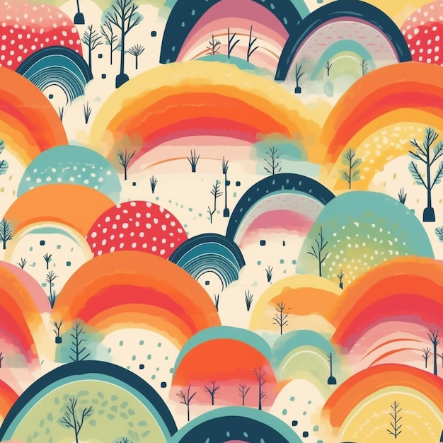 Kolorowa ilustracja przedstawiająca krajobraz z drzewami i chmurami.