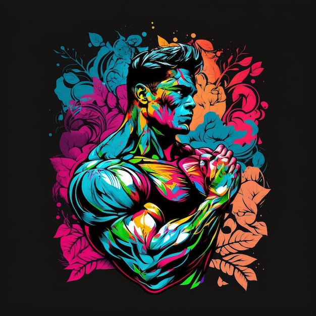Kolorowa ilustracja przedstawiająca kulturystę z tatuażem na ramieniu