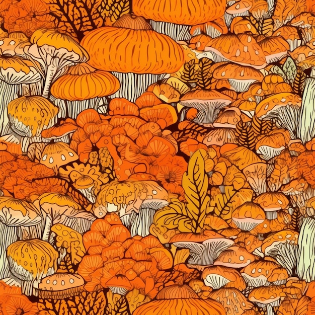 Kolorowa ilustracja przedstawiająca las pełen grzybów.