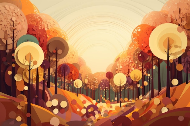 Kolorowa ilustracja przedstawiająca las z drogą i drzewami.