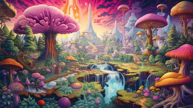 Kolorowa ilustracja przedstawiająca las z wodospadem i lasem