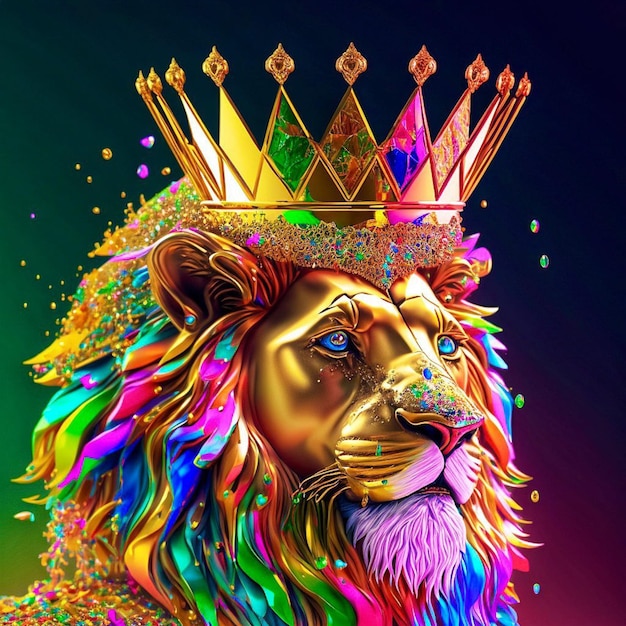 Kolorowa ilustracja przedstawiająca lwa z koroną na głowie.