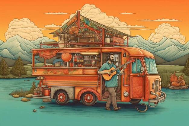 Kolorowa ilustracja przedstawiająca mężczyznę grającego na gitarze przed furgonetką.