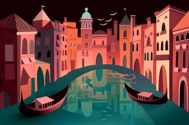 Kolorowa ilustracja przedstawiająca miasto z łodzią na wodzie i napisem wenecja na dole.