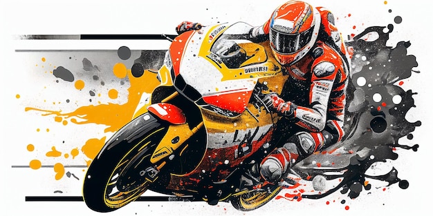 Kolorowa ilustracja przedstawiająca motocyklistę z napisem lm z przodu.