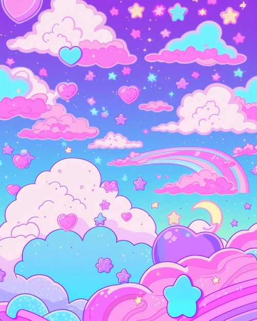 Kolorowa ilustracja przedstawiająca niebo z chmurami i tęczami.