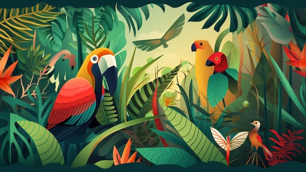 Kolorowa ilustracja przedstawiająca papugę i motyla.