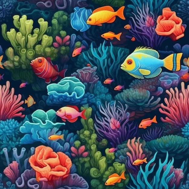 Kolorowa ilustracja przedstawiająca rafę koralową z rybami i koralowcami.