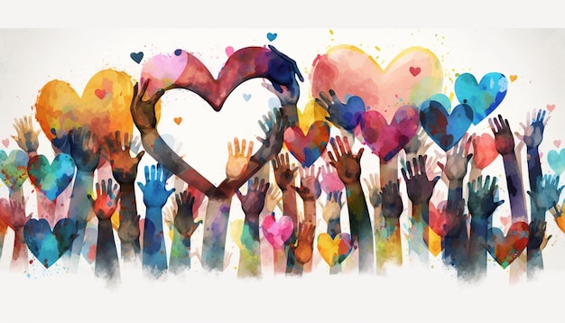 Kolorowa ilustracja przedstawiająca ręce trzymające serce ze słowem miłość.