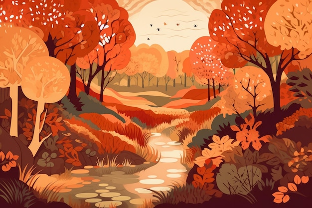 Kolorowa ilustracja przedstawiająca rzekę w lesie ze słońcem w tle.