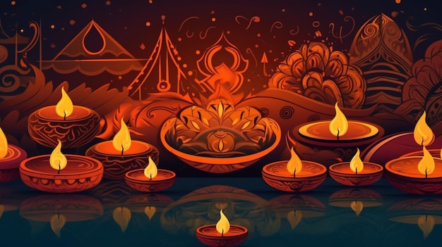 Kolorowa ilustracja przedstawiająca święto ze świecami i napisem diwali na dole.