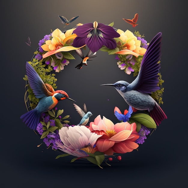 Kolorowa ilustracja ptaków i kwiatów z czarnym tłem.