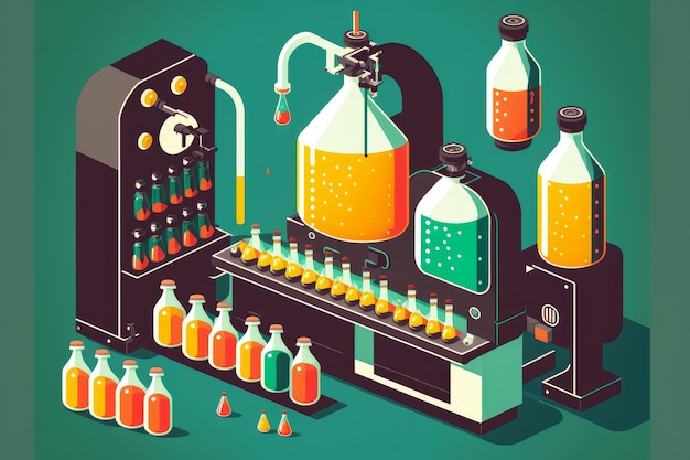 Kolorowa ilustracja rozlewni z butelkami napełnianymi napojami gazowanymi