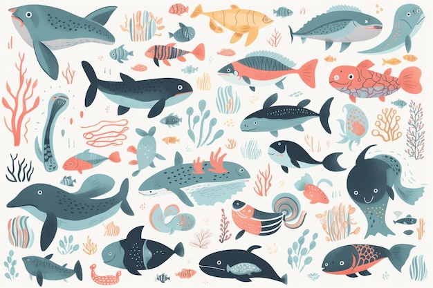Kolorowa ilustracja ryb i stworzeń morskich.
