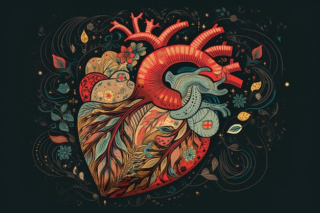 Kolorowa ilustracja serca z liśćmi i kwiatami.