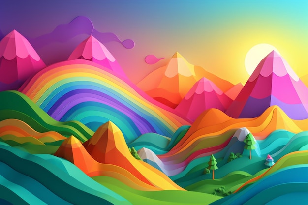 Kolorowa ilustracja tęczy nad kolorowym krajobrazem z drzewami i górami.