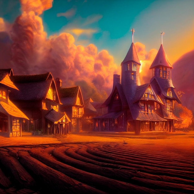kolorowa ilustracja wioski fantasy