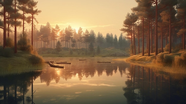 Kolorowa ilustracja z krajobrazem leśnego jeziora