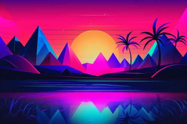 Kolorowa ilustracja zachodu słońca z górami i palmami.