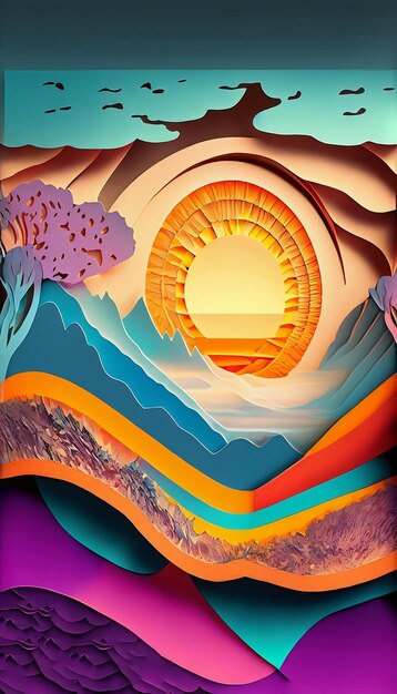 Kolorowa ilustracja zachodu słońca z słońcem i górami w tle.