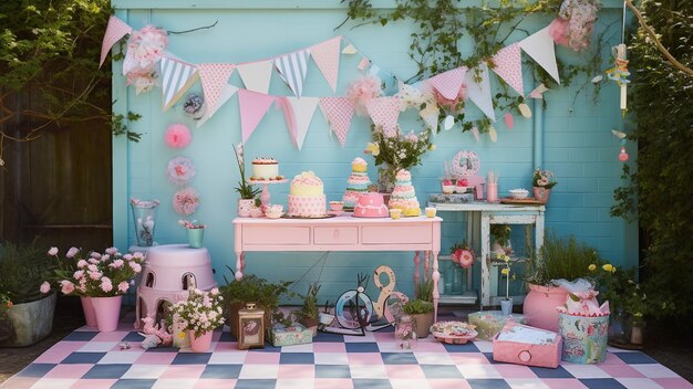 kolorowa impreza z różowymi i niebieskimi dekoracjami