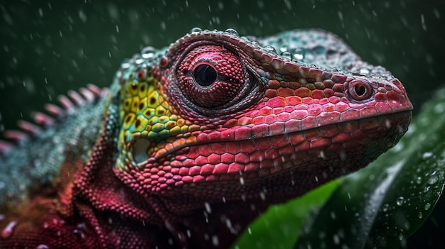 Kolorowa jaszczurka w deszczu z napisem kameleon na przodzie.