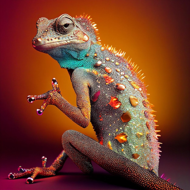 Kolorowa jaszczurka z wieloma kolcami na głowie siedzi na kolorowym tle.