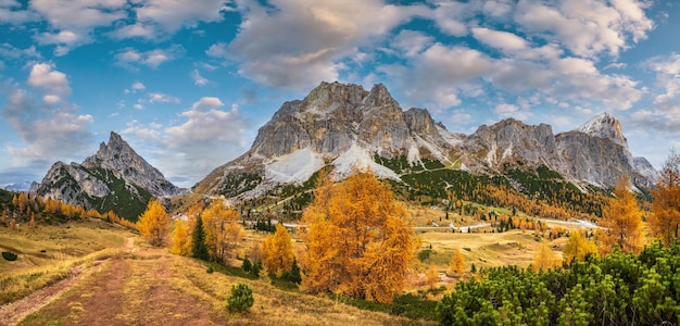 Kolorowa jesień alpejskie Dolomity górska scena Sudtirol Włochy Spokojny widok z Falzarego Path