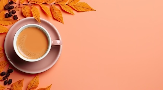 kolorowa jesienna filiżanka kawy i liście na kolorowym tle widoku z góry