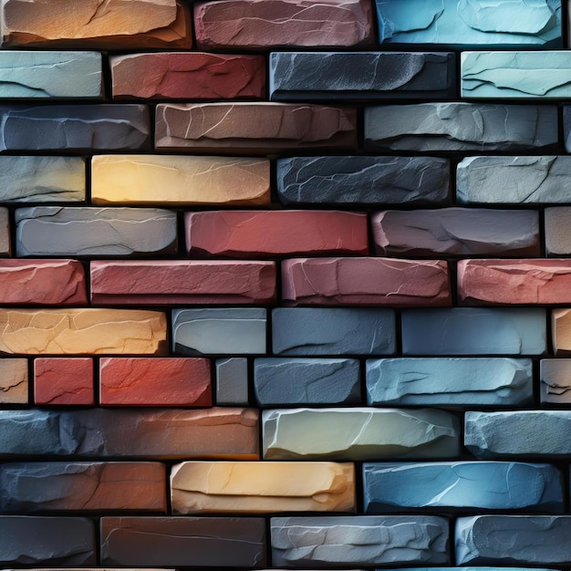 Kolorowa kamienna ściana ze świecącymi obiektami 3D i odważnymi kolorowymi blokami wyłożonymi kafelkami