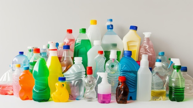 Kolorowa kaskada Góra chemikaliów czyszczących w plastikowych butelkach wznosząca się na