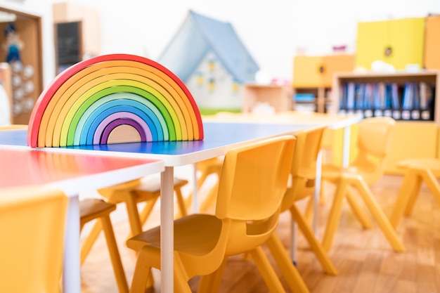 Kolorowa klasa przedszkolna bez dziecięcej edukacji szkolnej biurko zabawka i dekoracja na ścianie w tle Dzieciństwo