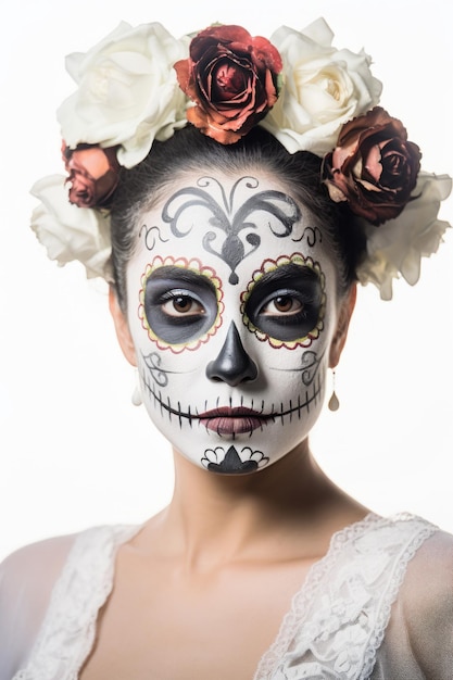 Kolorowa kobieca czaszka Koncepcja festiwalu Dnia Zmarłych wygenerowana przez Ai
