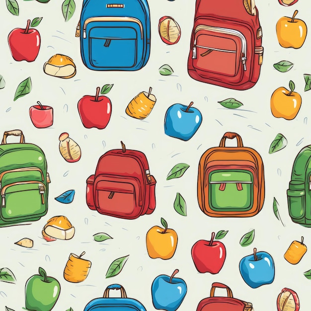 Kolorowa kolekcja toreb szkolnych i jabłek