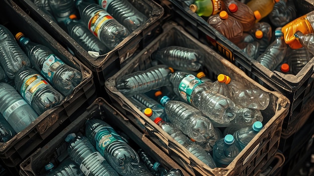 Kolorowa kolekcja zmarszczonych plastikowych butelek jest uderzającym przykładem wysiłków na rzecz recyklingu i usuwania odpadów pokrytych kurzem i starą patyną