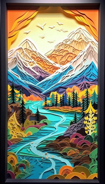 Kolorowa kreacja papierowa przedstawiająca górskie krajobrazy