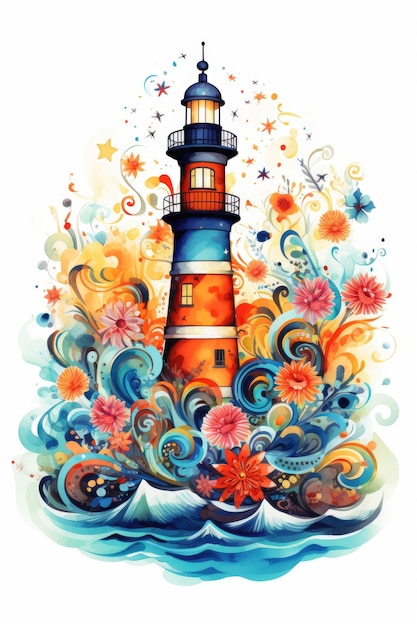 Kolorowa latarnia morska z kwiatami Ilustracja na białym tle