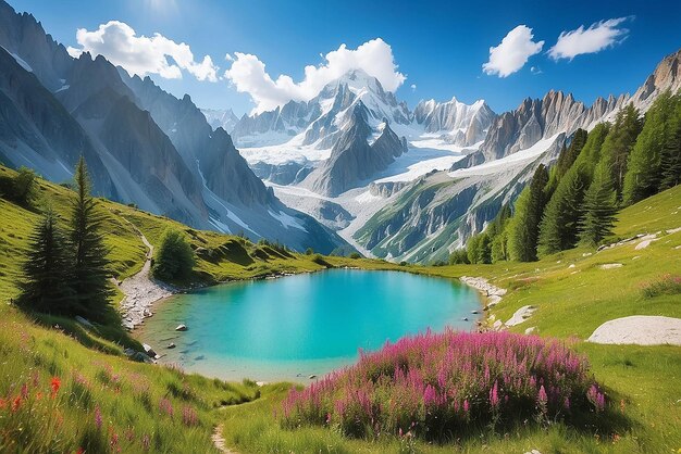 Kolorowa letnia panorama jeziora Lac Blanc z Mont Blanc Monte Bianco na tle Lokalizacja Chamonix Piękna scena na świeżym powietrzu w rezerwacie przyrody Vallon de Berard Alpy Graian Francja Europa
