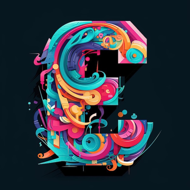 Zdjęcie kolorowa litera e w kolorach tęczy w formie grafiki w stylu ciemnego turkusu