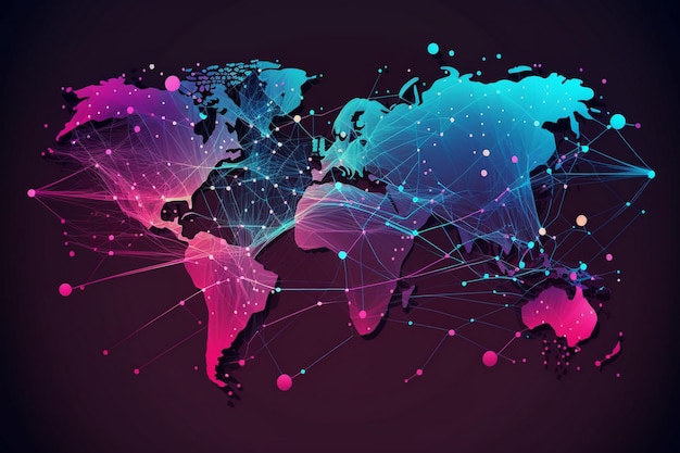 Kolorowa mapa świata z fioletowym tłem i słowami globalnymi.