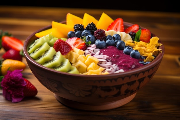 Kolorowa miska acai z artystycznymi aranżacjami owoców