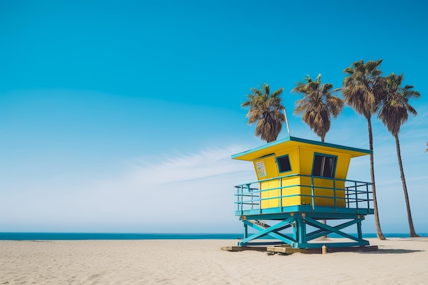 Kolorowa niebieska i żółta stacja ratownika na plaży z palmami i błękitnym niebem