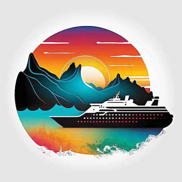 Zdjęcie kolorowa okrągła grafika ze statkiem wycieczkowym na pierwszym planie.