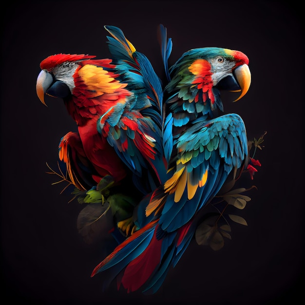 Kolorowa papuga Ara odizolowana na czarnym tle ilustracji