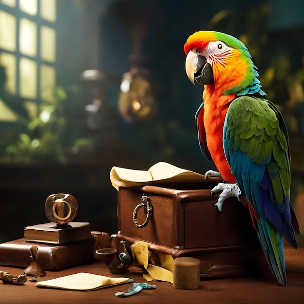 Kolorowa papuga siedzi na drewnianym pudełku wygenerowanym przez ai