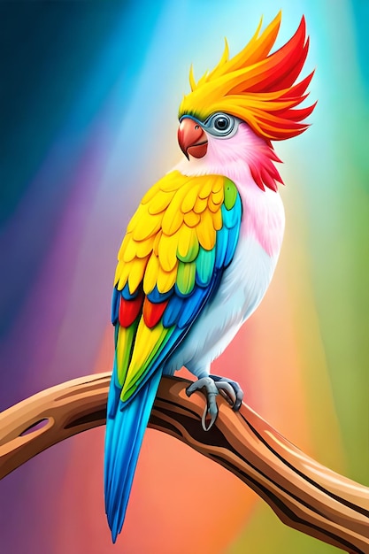 Kolorowa papuga siedzi na gałęzi w kolorach tęczy.