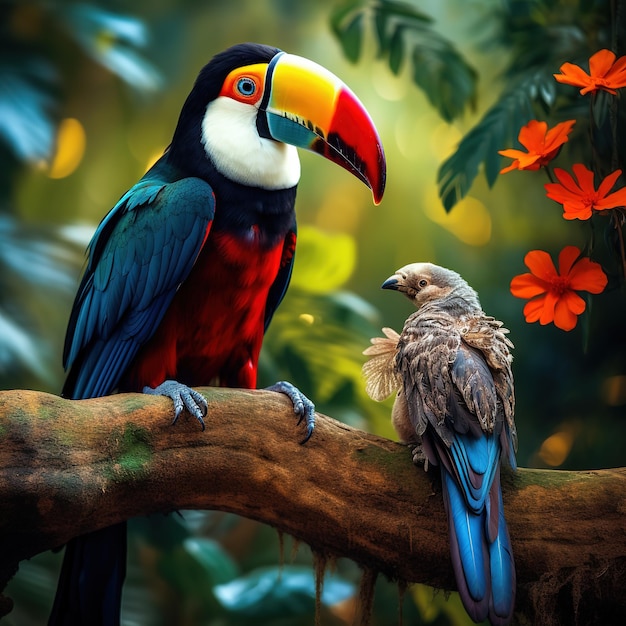 kolorowa papuga siedzi na gałęzi z niebieskim i żółtym dziobem.